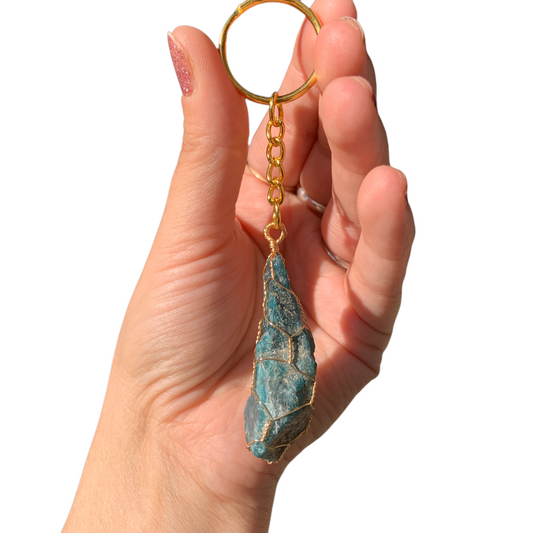 Silver | Gold Wire Wrapped Blue Apatite Crystal Keychain