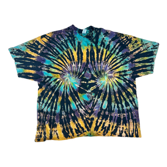 Adult 4XL Blue Yellow Turquoise Double Spiral Reverse Tie Dye Shirt