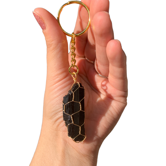 Silver | Gold Wire Wrapped Black Tourmaline Crystal Keychain
