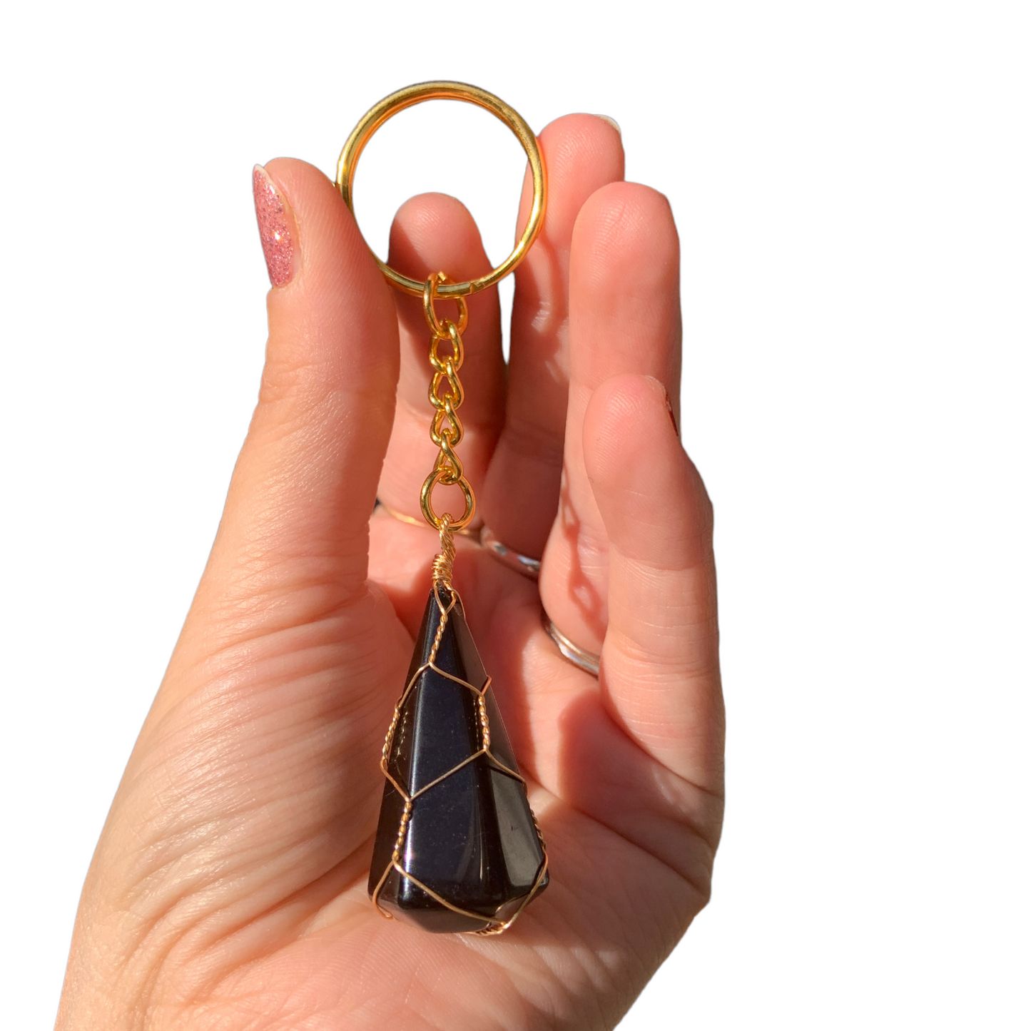 Silver | Gold Wire Wrapped Black Obsidian Crystal Keychain