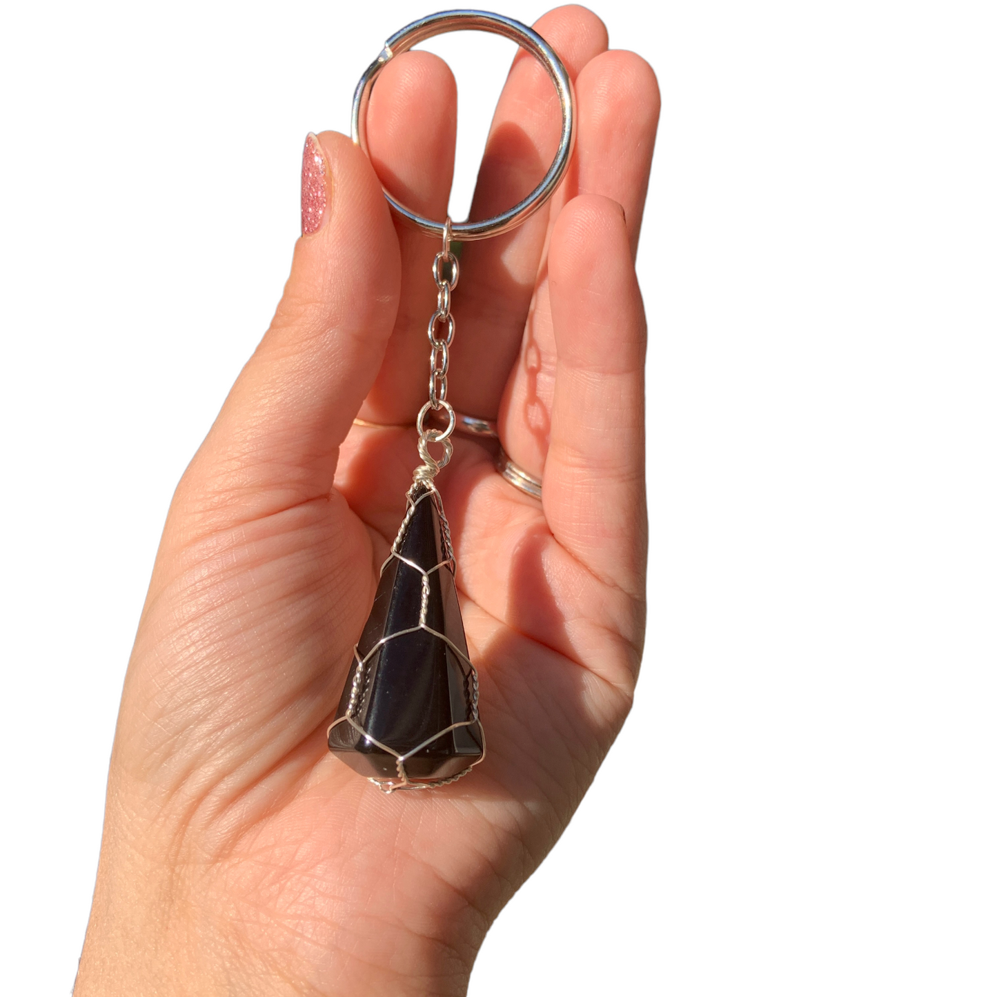 Silver | Gold Wire Wrapped Black Obsidian Crystal Keychain