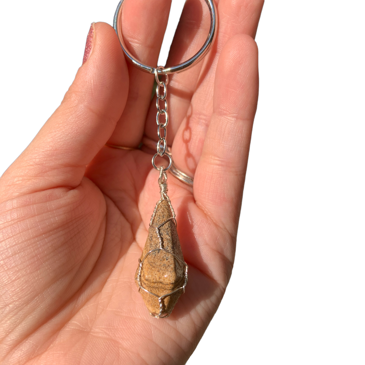 Silver Wire Wrapped Picture Jasper Crystal Keychain
