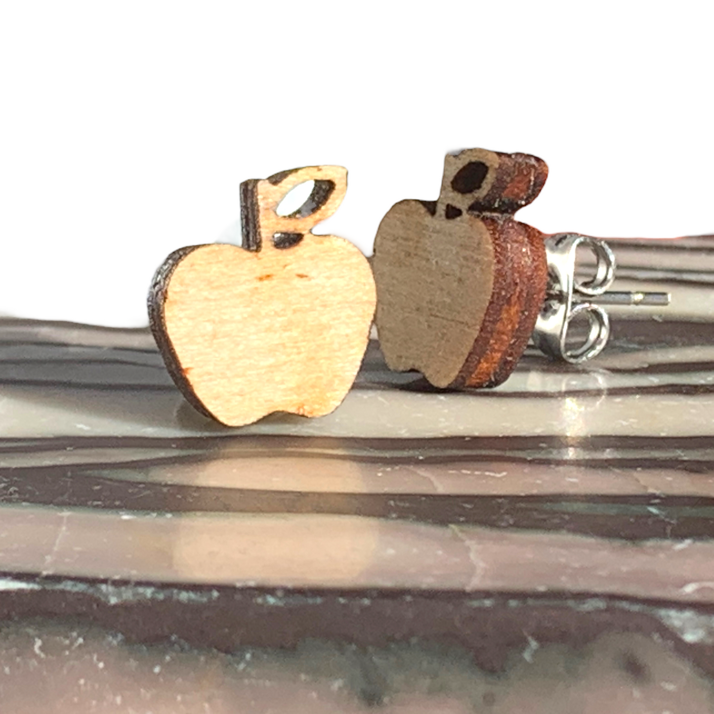 Hypoallergenic Apple Laser Engraved Wood Earrings