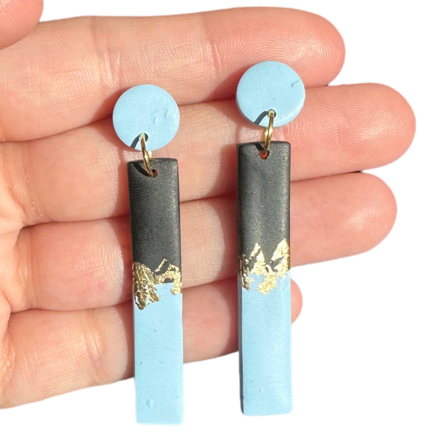 Hypoallergenic Black and Periwinkle with Gold Leaf Rectangle Clay Dangle Earrings