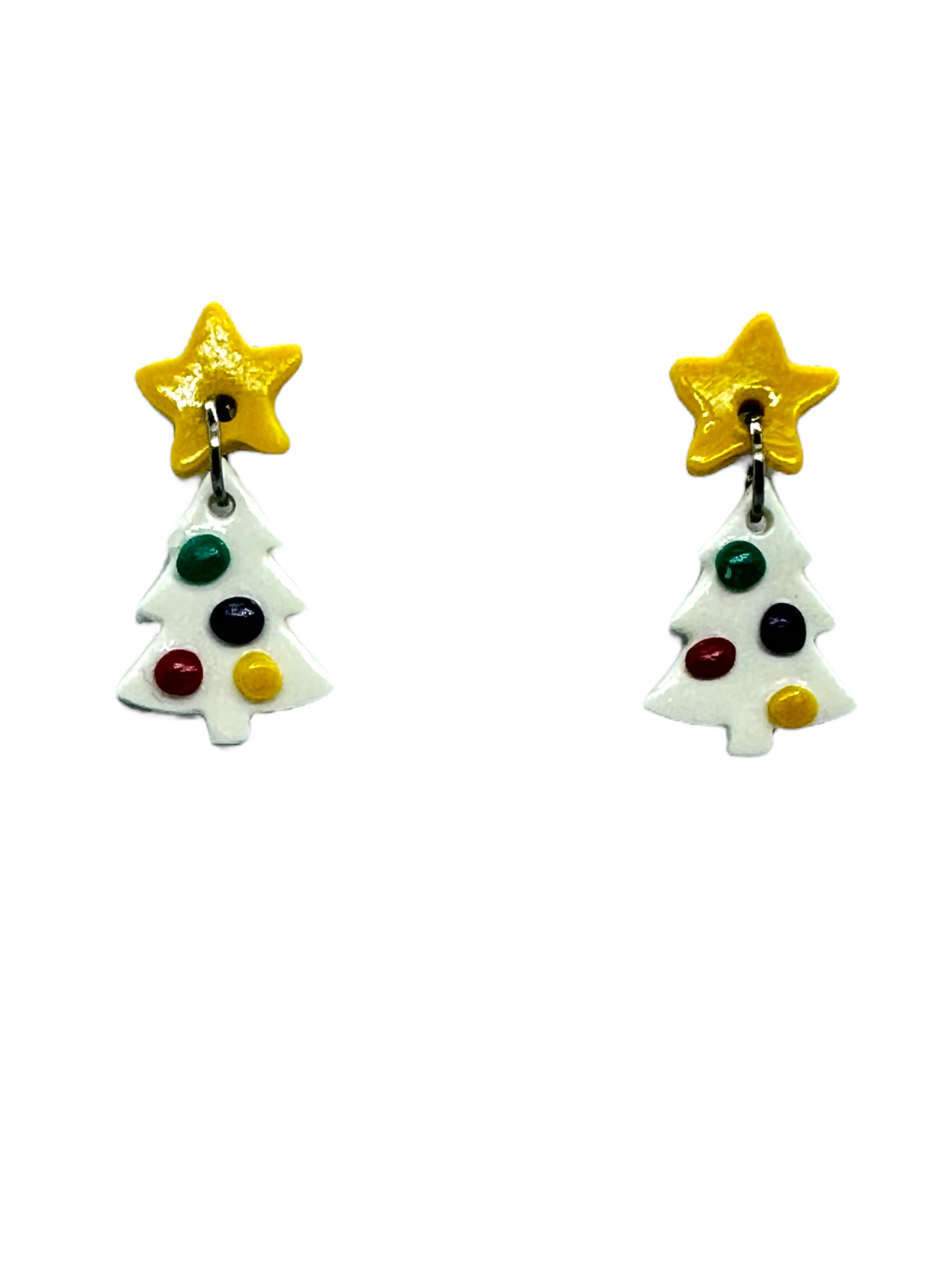 Hypoallergenic White Christmas Tree With Ornaments Dangle Clay Earrings