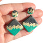 Hypoallergenic Black and Green with Gold Leaf Diamond Clay Dangle Earrings