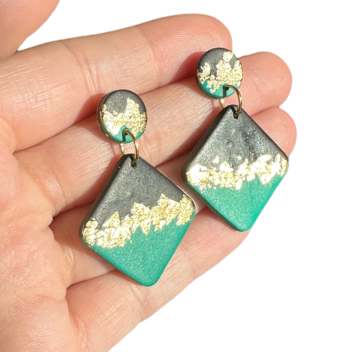 Hypoallergenic Black and Green with Gold Leaf Diamond Clay Dangle Earrings