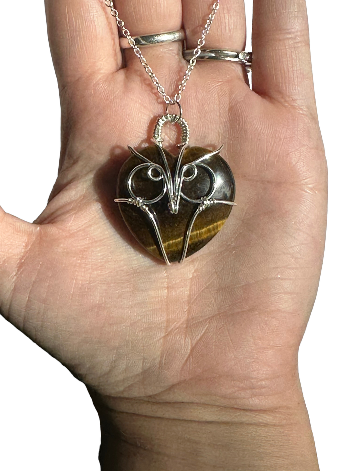 Sterling | 14KT Gold Filled Tiger's Eye Heart Wire Wrapped Owl Pendant