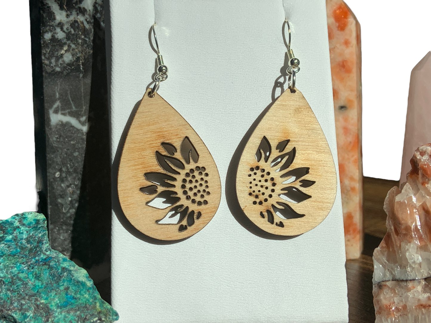 Painted | Natural Wood Hypoallergenic Teardrop Sunflower Wood Laser Engraved Wood Earrings