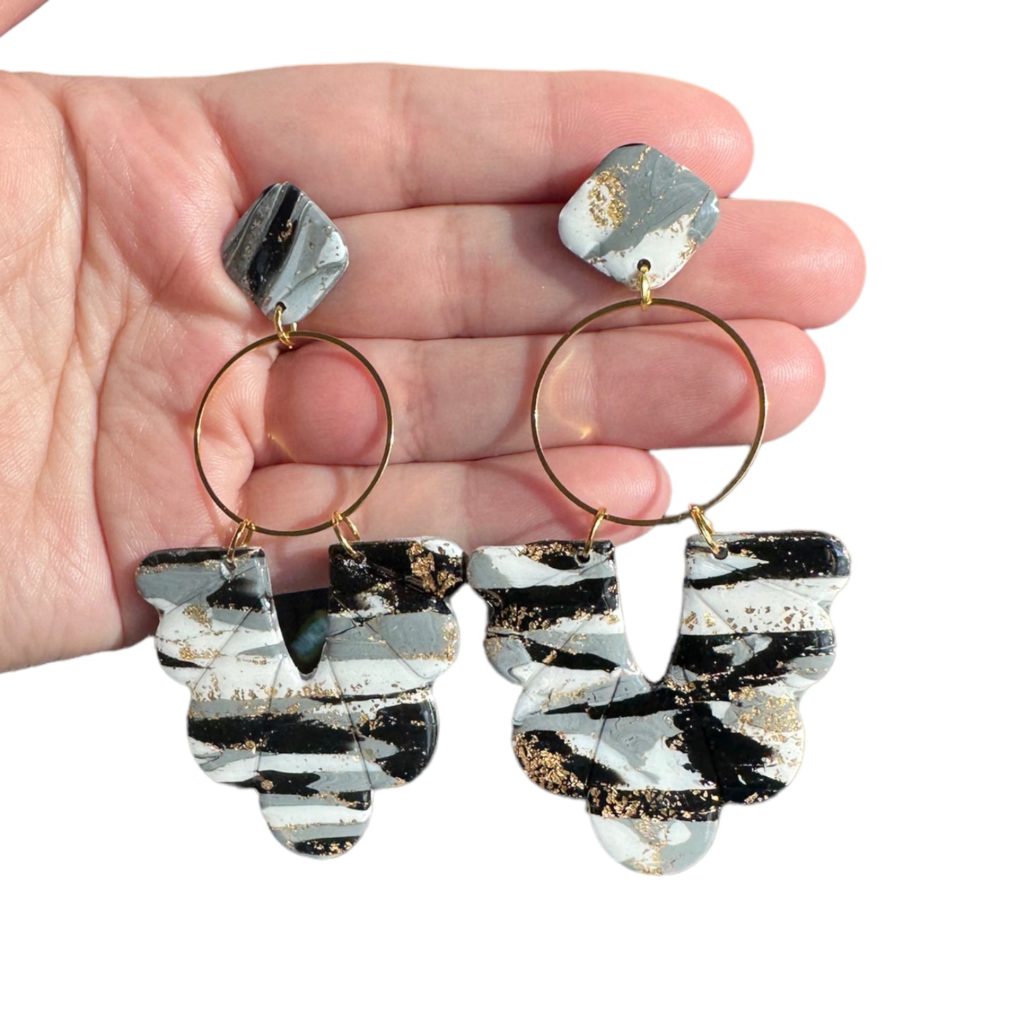 Hypoallergenic Black Gray White Marble With Gold Leaf Clay Dangle Earrings