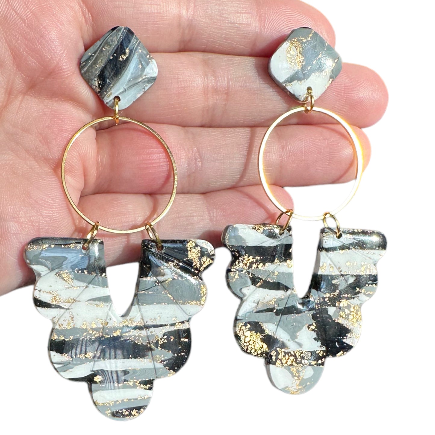 Hypoallergenic Black Gray White Marble With Gold Leaf Clay Dangle Earrings