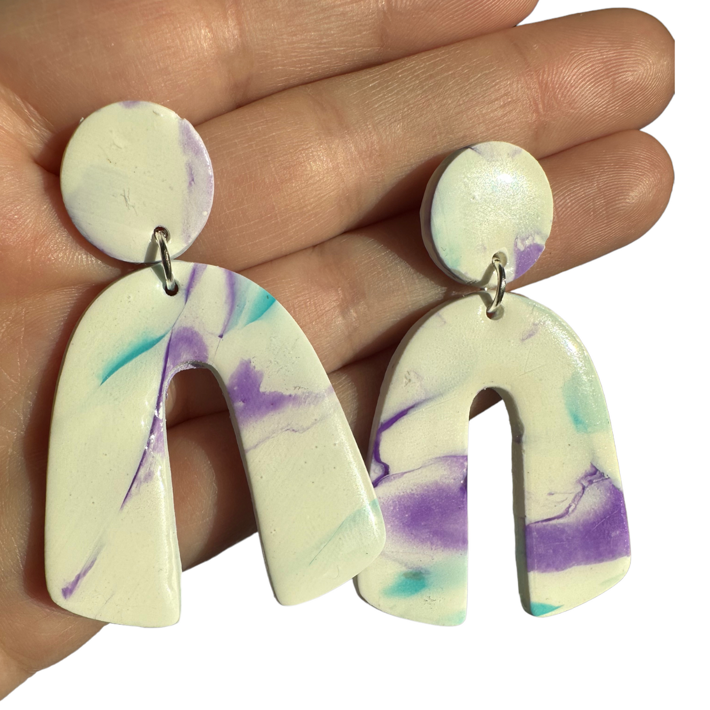 Hypoallergenic White Arch with Purple and Turquoise Marble Clay Dangle Earrings