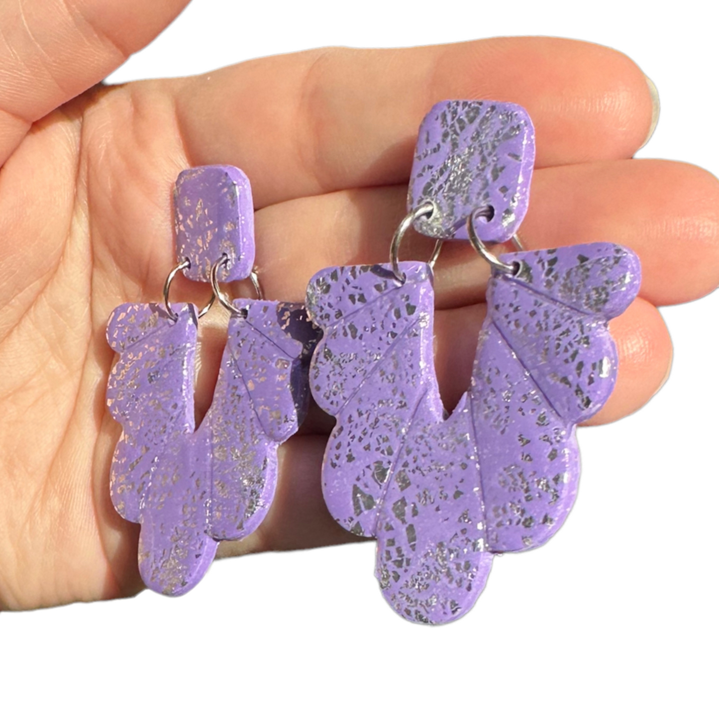 Hypoallergenic Light Purple With Silver Flakes Clay Dangle Earrings